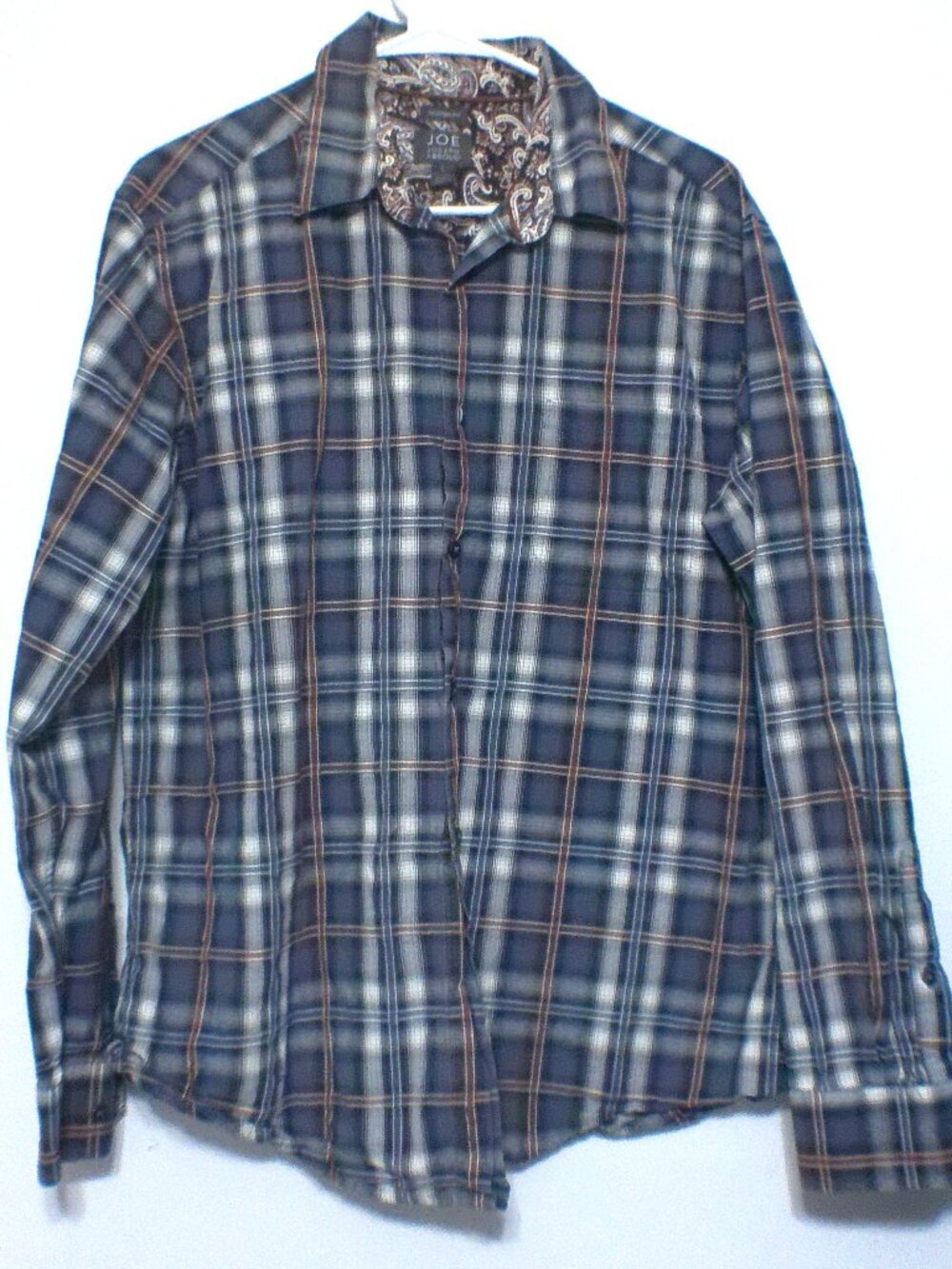 JOE Joseph Abboud Men's Large Blue Plaid Shirt Paisley Contrast Trim 100% Cotton